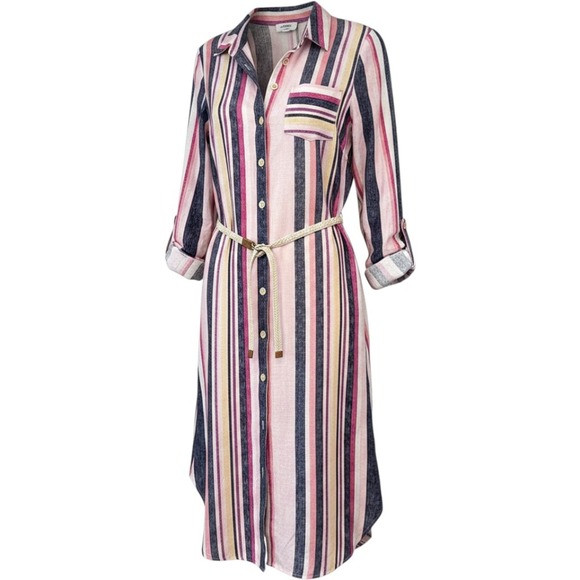 NY Collection Dresses & Skirts - NY Collection Linen Blend Striped Midi Shirt Dress Pink Navy Yellow LND9001